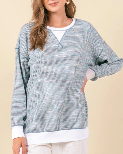 Skylar Waffle Knit Drop Shoulder Top- Teal Mix