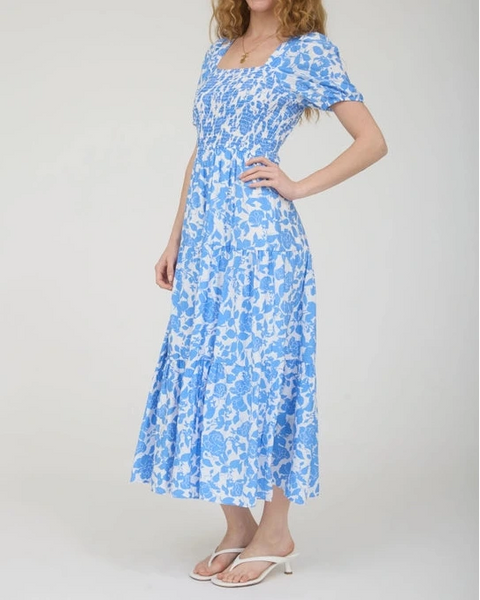 Chelsea Floral Puff Sleeve Midi Dress- Blue