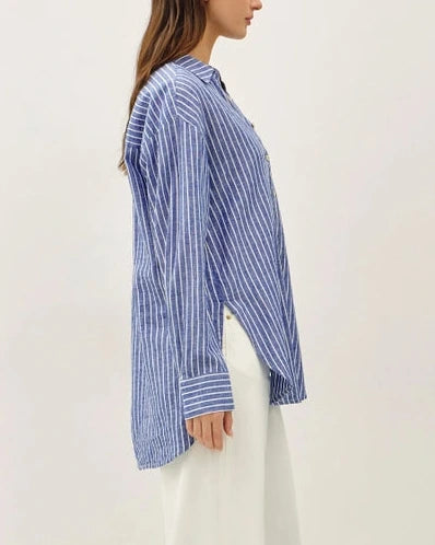 Arlo Striped Button Front Top- Denim