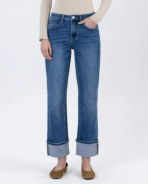 Lovervet High Rise Cuffed Ankle Straight Leg Jeans- Medium Wash