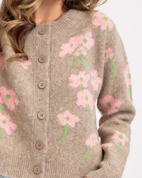 Carmen Cozy Floral Cardigan- Latte