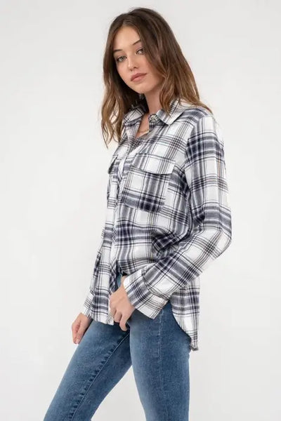 Harlow Plaid Button Down Top- Navy