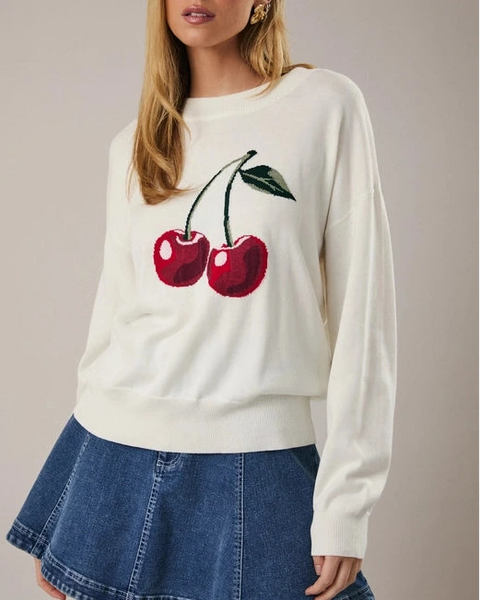 Blair Lightweight Cherry Graphic Sweater- White