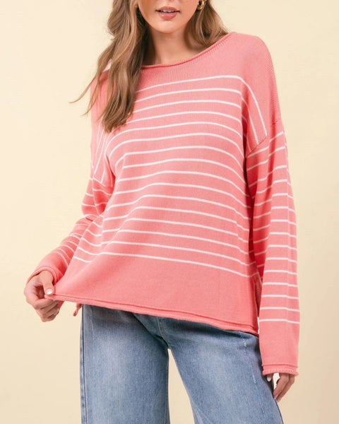 Mila Wide Neck Striped Sweater- Pink