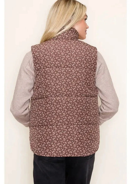 Poppy Floral Puffer Vest- Chocolate