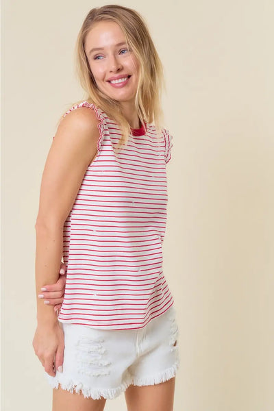 Millie Ruffle Sleeve Stripe Tank- White/Red