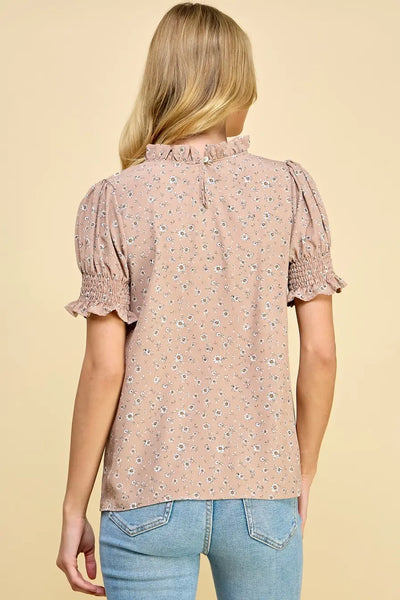 Floral Print Puff Sleeve Top- Taupe