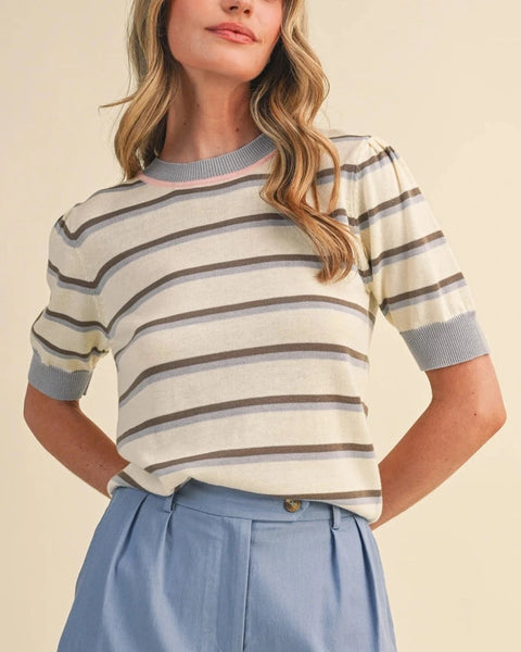 Indie Short Sleeve Stripe Top- Ivory