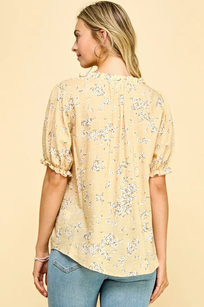 Ellie Floral Split Neck Top- Butter