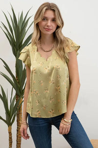 Chloe Floral Print Satin Top- Olive