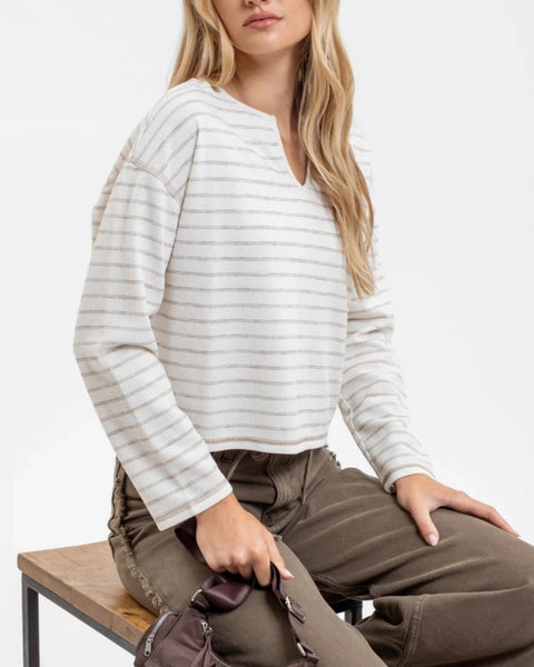 Flynn Striped Marled Knit Top- Cream