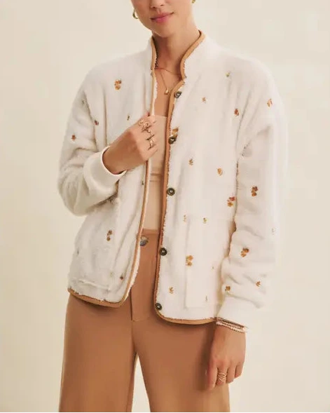 Brynn Embroidered Fleece Jacket- Cream