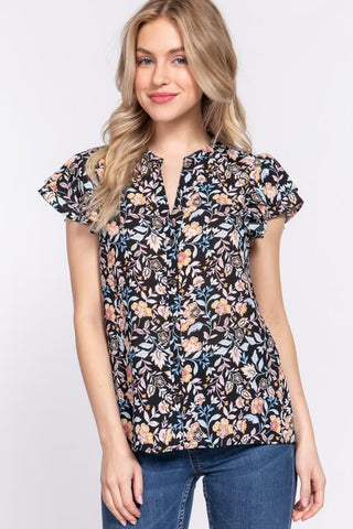 Sophie Ruffle Sleeve Floral Print Top- Black