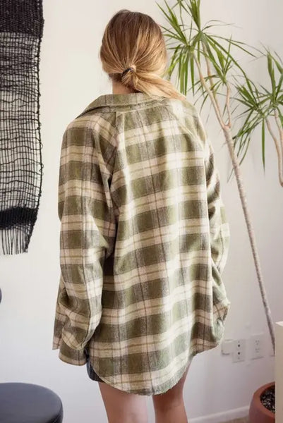 Oversized Button Front Plaid Shirt- Olive