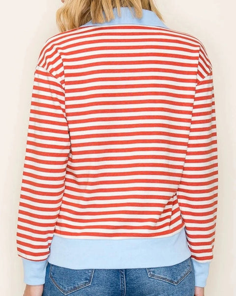 Polo Collar Pullover Top- Orange/Blue