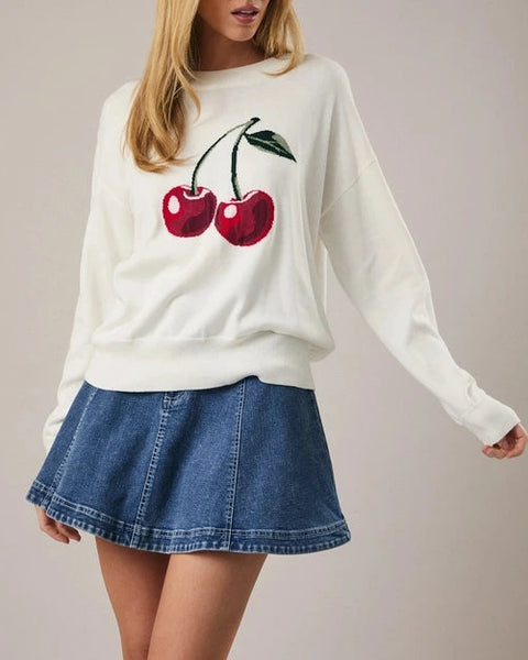 Blair Lightweight Cherry Graphic Sweater- White