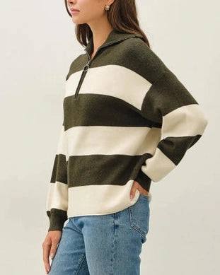 Logan Striped Half Zip Sweater Top- Hunter Green