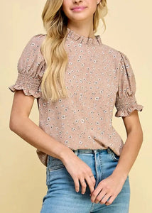 Floral Print Puff Sleeve Top- Taupe