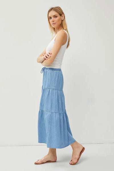 Evangeline Tiered Chambray Midi Skirt- Medium Wash