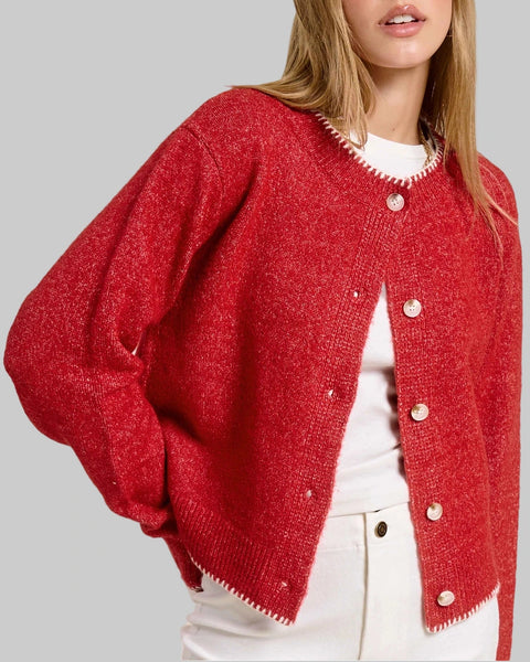 Blanket Stitch Cardigan- Candy Cane Red