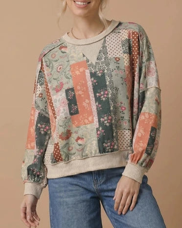 Trista Patchwork Print Top- Olive/Oatmeal