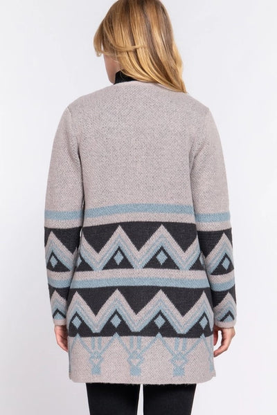 Open Front Aztec Pattern Cardigan- Taupe