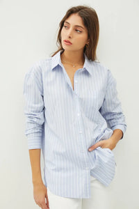 Julia Classic Pinstripe Button Front Top- Dusty Blue