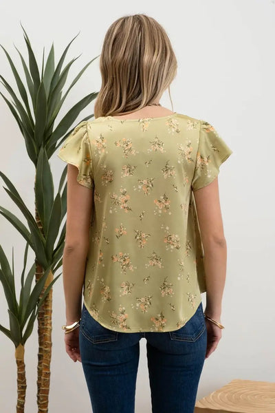 Chloe Floral Print Satin Top- Olive