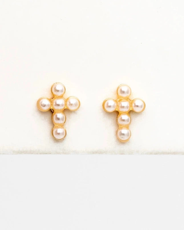 Bella Rey Jewelry Birdie Gold Plated Pearl Cross Stud Earrings