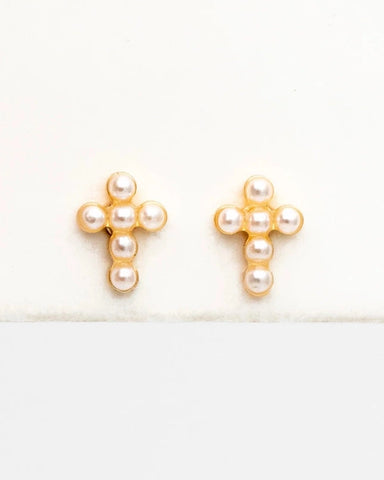 Bella Rey Jewelry Birdie Gold Plated Pearl Cross Stud Earrings