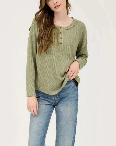 Kayla Waffle Knit Henley Top- Light Olive