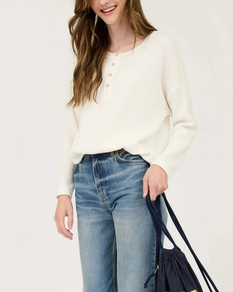 Kayla Waffle Knit Henley Top- Cream