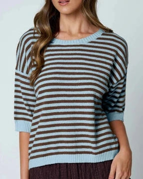 Maggie Stripe Contrast Short Sleeve Sweater- Chocolate/Blue