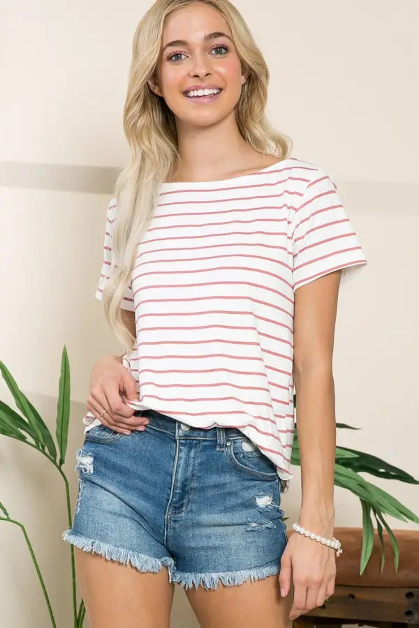 Tate Striped Boatneck Top- Coral