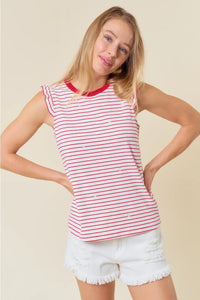 Millie Ruffle Sleeve Stripe Tank- White/Red