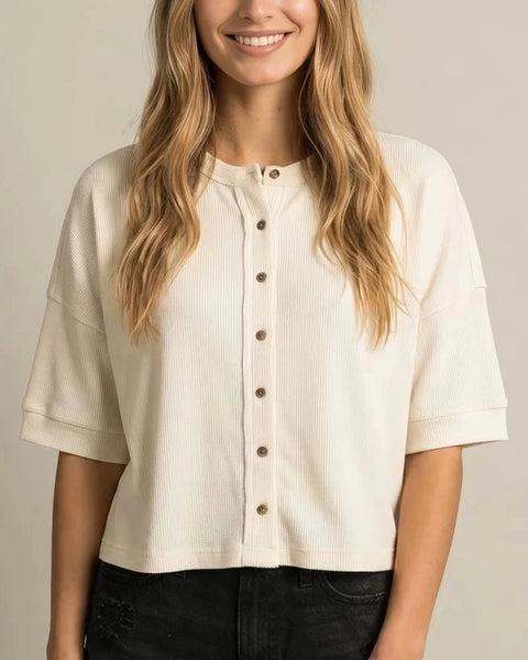 Brooke Button Front Boxy Knit Top- Ivory