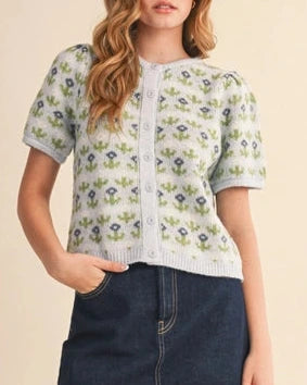 Ada Short Sleeve Floral Cardigan- Soft Blue