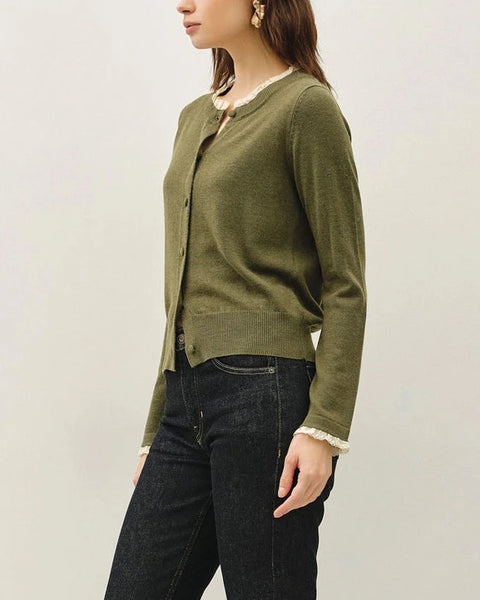 Paris Lace Trim Cardigan- Winter Forest