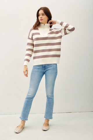 Brynn Striped Quarter Zip Sweater- Mocha