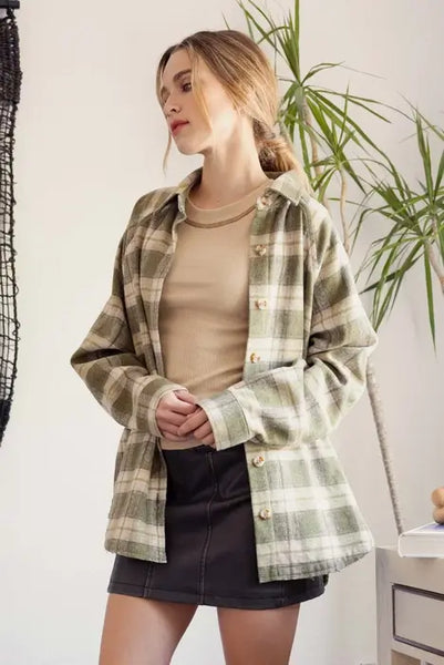 Oversized Button Front Plaid Shirt- Olive