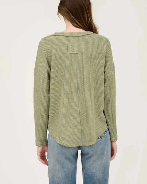 Kayla Waffle Knit Henley Top- Light Olive