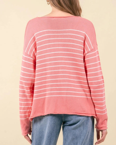 Mila Wide Neck Striped Sweater- Pink