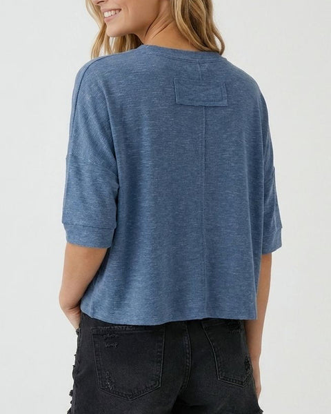 Brooke Button Front Boxy Knit Top- Denim