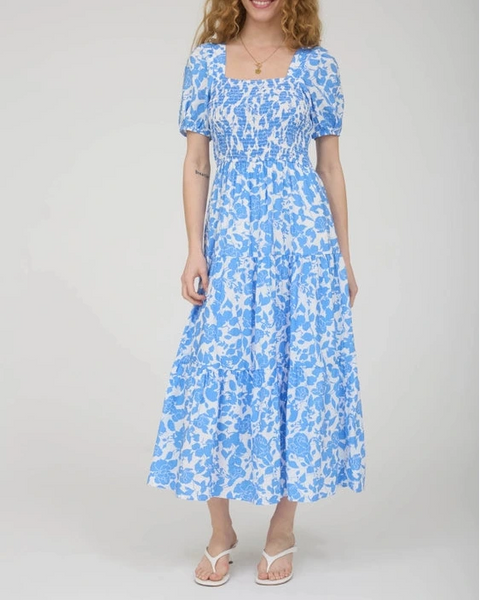 Chelsea Floral Puff Sleeve Midi Dress- Blue