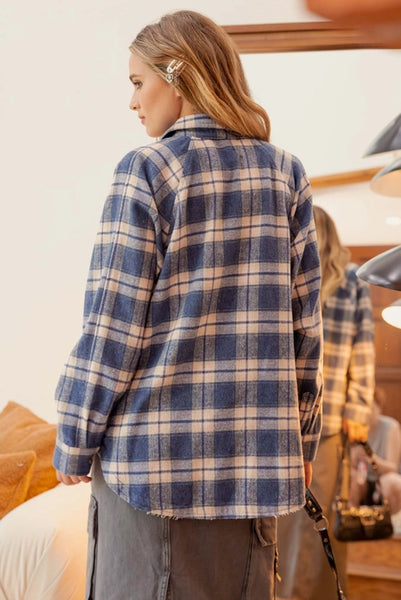 Oversized Button Front Plaid Shirt- Denim