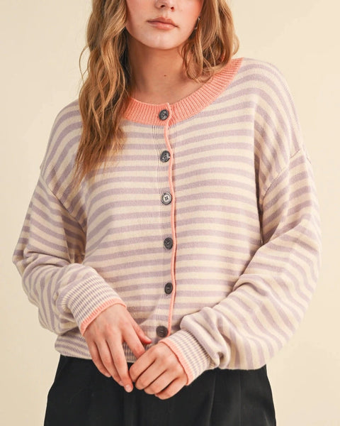 Leighton Striped Cardigan- Almond/Lavender
