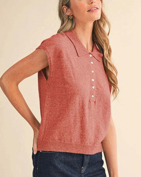Sloane Cap Sleeve Henley Sweater- Chili