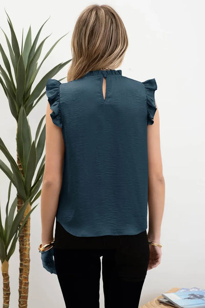 Gretchen Sleeveless Ruffle Trim Top- Dark Teal