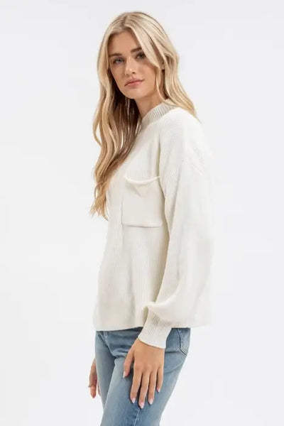 Funnel Neck Ribbed Sweater- Ivory