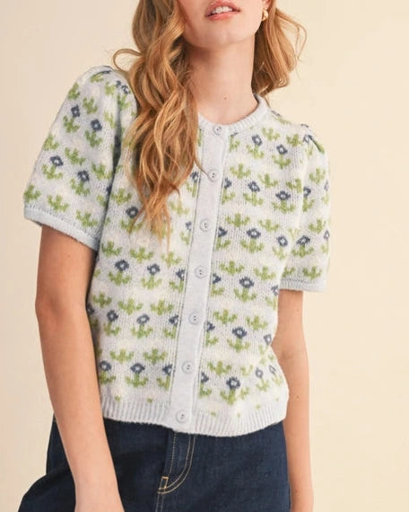Ada Short Sleeve Floral Cardigan- Soft Blue